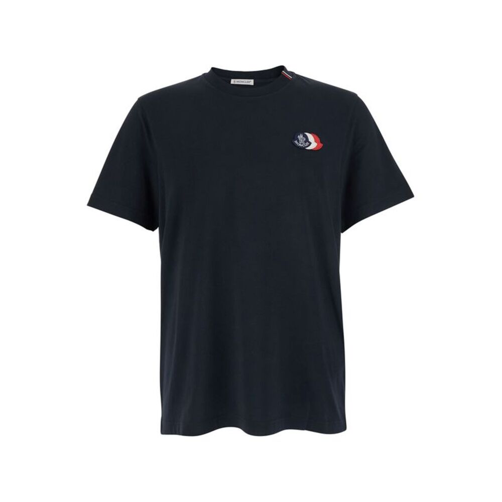 Moncler Men Blue T-Shirt With Logo Print On The Front In Cotton For Men